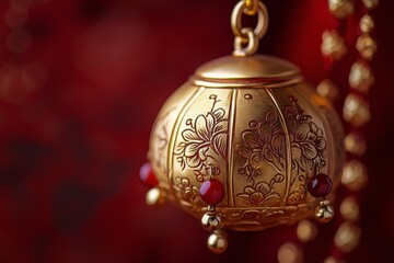 Decorative golden bell adorned with floral designs against a vibrant, red background