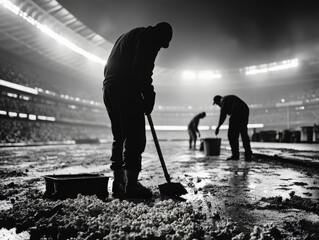 Silhouetted workers clean a stadium under bright lights, showcasing the dedication and hard work behind the scenes that keep sports venues ready for events.