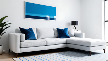 Wall Mural - sofa coffee table near white wall blue accents created modern living room interior design style