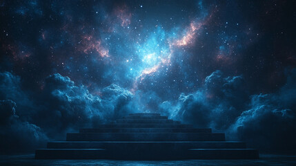 futuristic podium stands against a galaxy-inspired space backdrop, symbolizing human achievement, ex