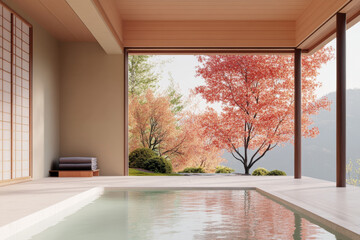 serene traditional Japanese onsen featuring wooden baths, surrounded by vibrant autumn foliage. tranquil atmosphere invites relaxation and peace