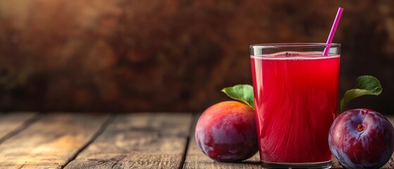 Whole Plum and a Glass of Plum Juice with a Straw on the Right Side, Rich in Vitamins C and K, Featuring Ample Blurred Space on the Left for Informative Text About This Nutrient-Dense Fruit