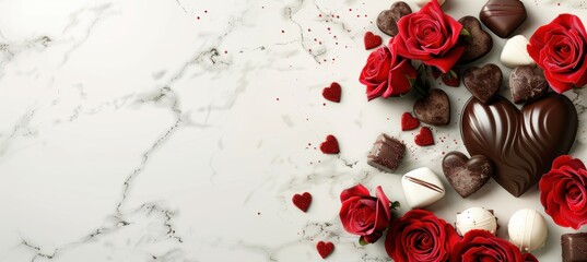 Sticker - Elegant Valentine's Day Banner with Heart-Shaped Chocolates and Red Roses on Marble Surface