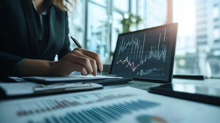 Business woman analyzing financial data on laptop screen with charts.