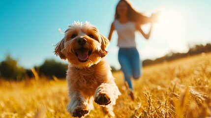 Happy dog running in a field with owner, sunny day, joyful atmosphere.