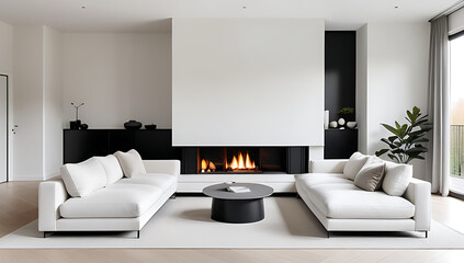 white sofas scandinavian style fireplace modern living room neutral color palette clean lines home always