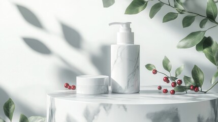 Poster - A marble pedestal showcases a skincare bottle and jar surrounded by lush green leaves and red berries. Soft lighting casts gentle shadows, highlighting the minimalistic elegance of the setup.