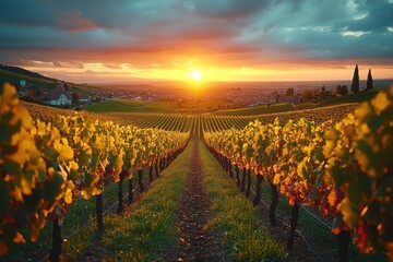 Wall Mural - A picturesque vineyard at sunset, showcasing rows of grapevines and a scenic landscape.