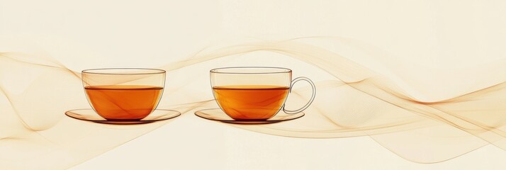 Poster - Two graceful tea cups are surrounded by flowing lines, evoking tea leaves and a sense of tranquility in a inviting atmosphere. Generative AI