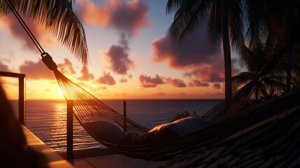 Poster - A hammock hangs between two palm trees, overlooking a stunning sunset over the ocean.