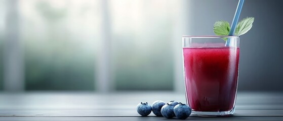 Enjoy the Delicious Whole Blueberry Alongside a Glass of Blueberry Juice with a Straw, Loaded with Vitamins C and K, Offering Blurred Space for Your Information