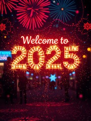 Road with written 2025 and arrow pointing towards the horizon to represent the future and positivity and success of the new year. New Year 2025. Ultra realistic. Photorealistic 