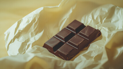 Dark chocolate bar resting on crumpled parchment paper. Minimalistic food photography with a warm background. Gourmet dessert and indulgence concept for design and print.