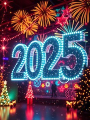 Golden numbers 2025 for new year celebration in christmas theme with winter decorations and festive mood. New Year 2025. Ultra realistic. Photorealistic 