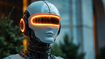 Wall Mural - robot activating a high-tech visor in a futuristic urban setting