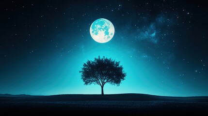 A lone, glowing tree standing tall against a backdrop of a dark, luminous night sky, its branches reaching towards the moon.