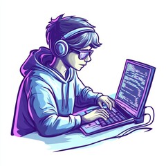young man coding on laptop