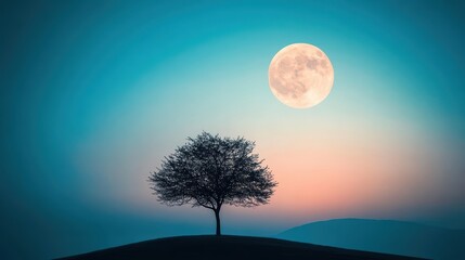 A lone tree silhouetted against a moonlit sky, with a soft, ethereal glow emanating from the moon.