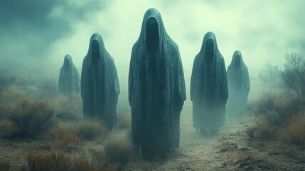 A group of four dark figures are walking through a foggy field