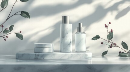 Poster - A stylish display features marble skincare containers alongside delicate green foliage, illuminated by soft natural light. The serene setting highlights the beauty and sophistication of the products.