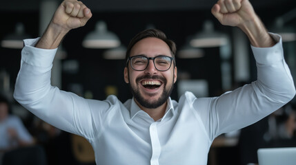 Portrait of a smiling male professional celebrating success in a modern office setting, ideal for business achievement, corporate success, and career growth promotions.