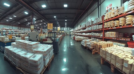 Expansive Cheese Warehouse Interior with Stacks of Products on Shelves