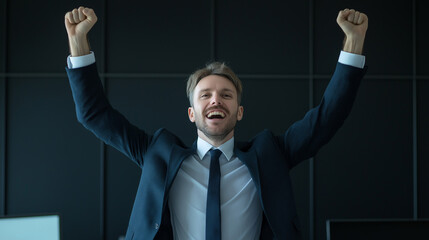 Portrait of a smiling male professional celebrating success in a modern office setting, ideal for business achievement, corporate success, and career growth promotions.