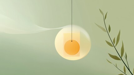 Poster - Delicate leaves frame a softly glowing circle hanging in a tranquil, muted green setting during daylight hours. Generative AI