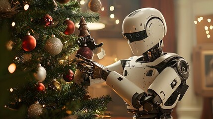 An advanced robot carefully placing colorful ornaments and tinsel on a Christmas tree creating a festive and cozy holiday scene full of joy and