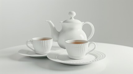 Closeup tea set on white background.