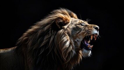 A majestic lion roaring against a dark background, showcasing its powerful presence.