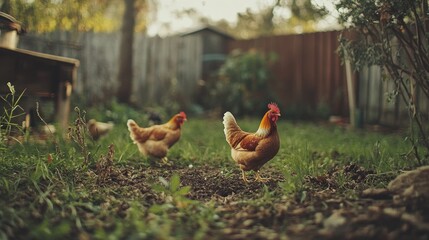 Chickens foraging in a rustic backyard, with plenty of natural surroundings and space for text or branding.