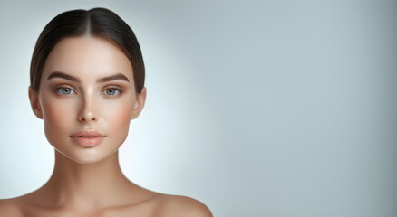 Banner of beauty procedures against aging. Young beautiful woman on light background. Copy space. Cosmetology, beauty salon, aesthetic clinic web line