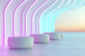 Sticker - Futuristic plaza radiates neon energy, minimalistic seating areas feature glowing patterns, sleek lines guide movement through vibrant spaces.