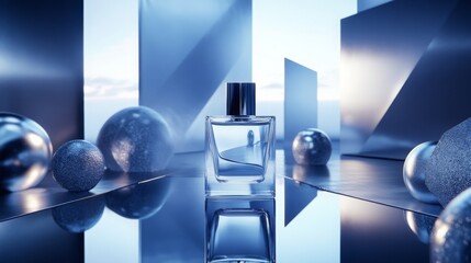 Aufkleber - A square glass bottle of perfume sits in the center of the image on a reflective, blue surface. It is surrounded by metallic spheres of various sizes.
