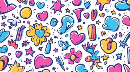 Wall Mural - A lively arrangement of doodles bursts with vivid icons such as stars, hearts, arrows, and flowers, reflecting joyful creativity. Generative AI