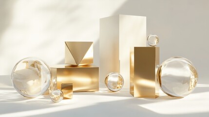 Poster - A collection of geometric shapes designed as gift boxes showcases a modern aesthetic with elegant soft lighting creating a serene atmosphere. Generative AI