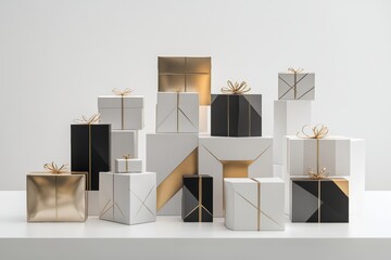 Poster - Elegant geometric gift boxes in black, white, and gold are beautifully arranged on a minimalist white table, perfect for celebrations. Generative AI