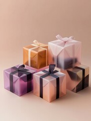 Poster - A collection of stylish geometric gift boxes in various colors stands out against a subtle background, each tied with delicate ribbons. Generative AI