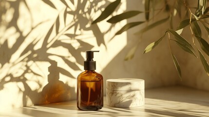 Fototapete - A glass bottle of amber skincare product and a marble container are placed on a sunlit surface. The sunlight creates beautiful shadows of leaves, adding a touch of nature to the serene atmosphere.