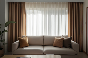 Cozy living room with neutral tones and soft lighting, featuring a modern sofa and natural decor elements, perfect for home interior design inspiration and lifestyle projects.