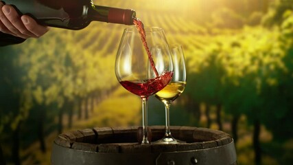 Fototapete - Super Slow Motion of Pouring Red Wine into Glass. Filmed on High Speed Cinema Camera, 1000 fps. Vineyard on Background. Camera in Motion.