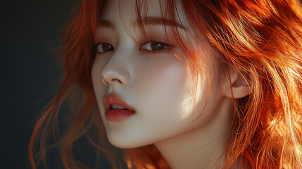 A close-up portrait of a young Korean woman with vibrant red hair showcasing natural beauty and soft lighting