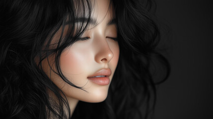 Wall Mural - Beautiful Korean woman with flowing black hair poses gracefully in soft lighting for a stunning close-up portrait