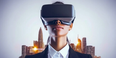 Woman immersed in virtual reality with cityscape background