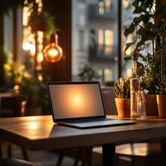 Fototapete - A laptop sits on a wooden table, surrounded by lush plants and glowing lights as warm evening sunlight streams through the windows. Generative AI