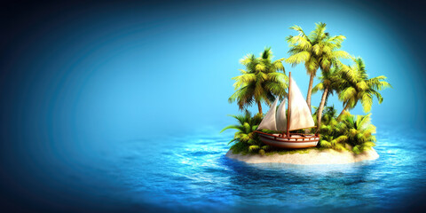 Wall Mural - Tropical island paradise with sailboat and palm trees on ocean