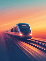 Poster - A sleek train travels smoothly along the tracks during sunset, featuring a captivating minimalist design and vibrant hues filling the sky. Generative AI