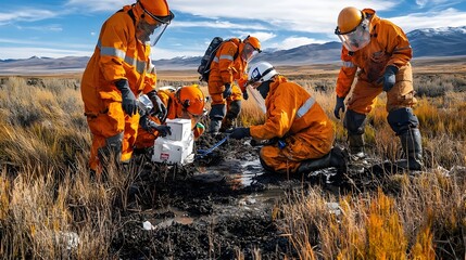 Rescue team performing comprehensive environmental assessments to identify and mitigate long term contamination risks in a natural landscape