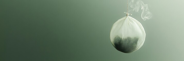 Poster - A tea bag suspended in the air emits fragrant steam against a soothing green backdrop, evoking a sense of warmth and relaxation. Generative AI